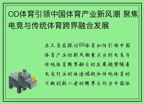 OD体育引领中国体育产业新风潮 聚焦电竞与传统体育跨界融合发展